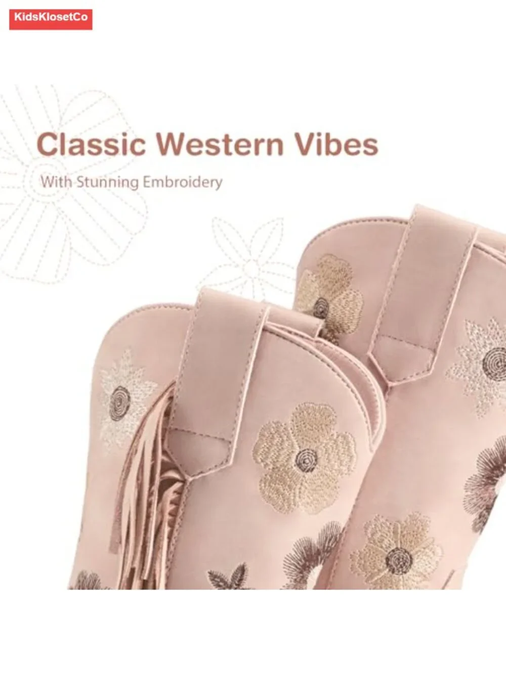Girls Cowboy Boots with Tassel, Floral Embroidered Western Boots for